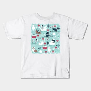 Veterinary medicine, happy and healthy friends // aqua background red details navy blue white and brown cats dogs and other animals Kids T-Shirt